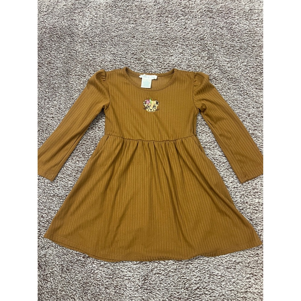 Emma & Elsa Girls 3T Brown Ribbed Lion Cub Embroidered Long Sleeve Dress